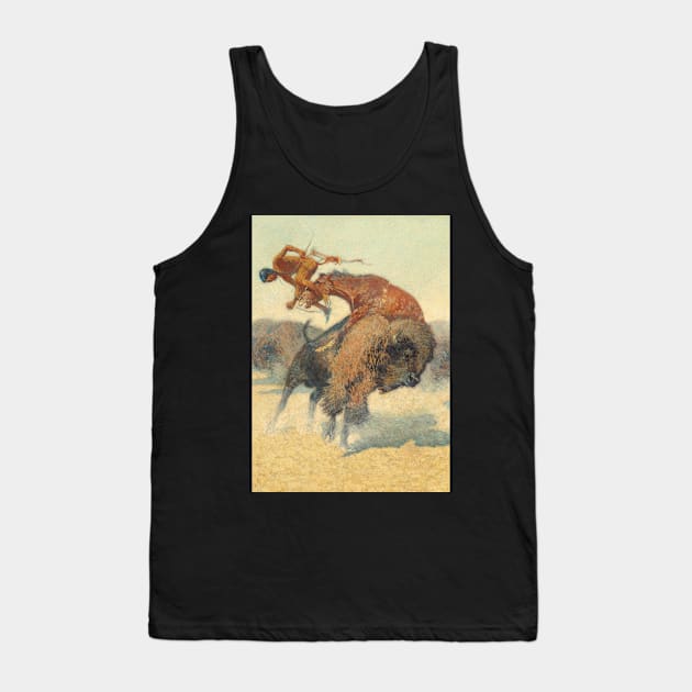 Buffalo Attacking Native American Hunter - Vintage Western American Art Tank Top by Click Here For More